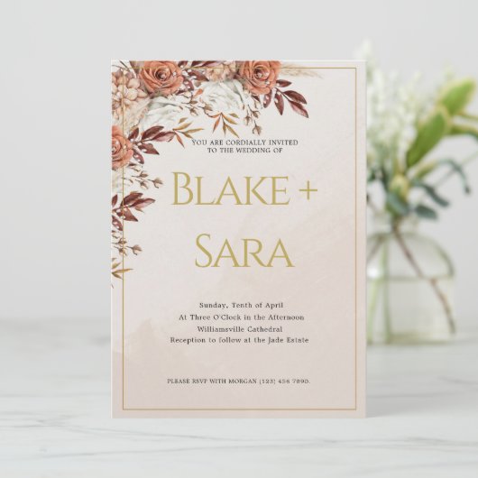 Vintage Herbst-Gold-Blume Hochzeitseinladung Einladung (Stehend Vorderseite)