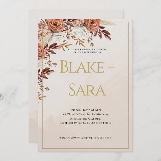 Vintage Herbst-Gold-Blume Hochzeitseinladung Einladung (Vorne/Hinten)