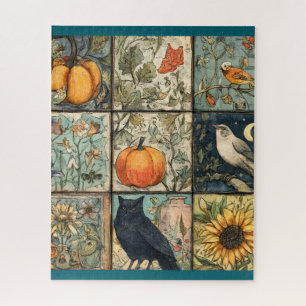 Vintage-Herbst-Patchwork-Look Kürbis-Eule-Blume Puzzle
