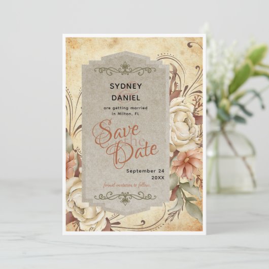 Vintage Herbsthochzeit Rose sichern Datumskarte Einladung (Stehend Vorderseite)