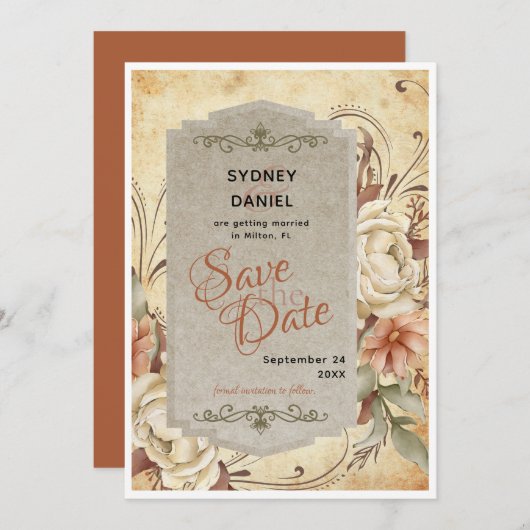 Vintage Herbsthochzeit Rose sichern Datumskarte Einladung (Vorne/Hinten)