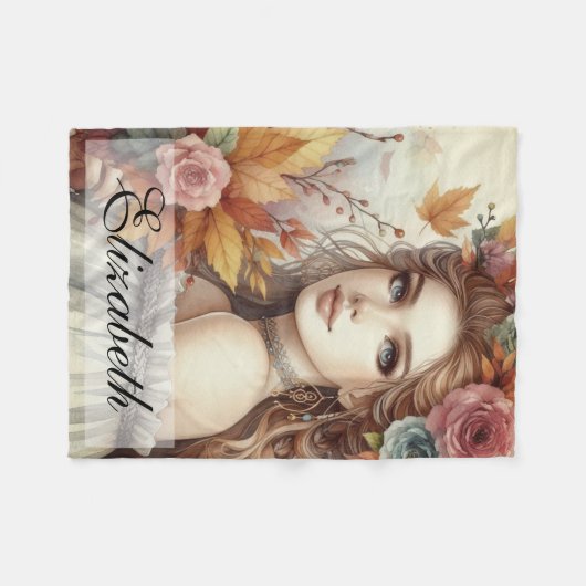 Vintage Herbstprinzessin mit Herbstblättern Fleecedecke (Vorderseite (Horizontal))