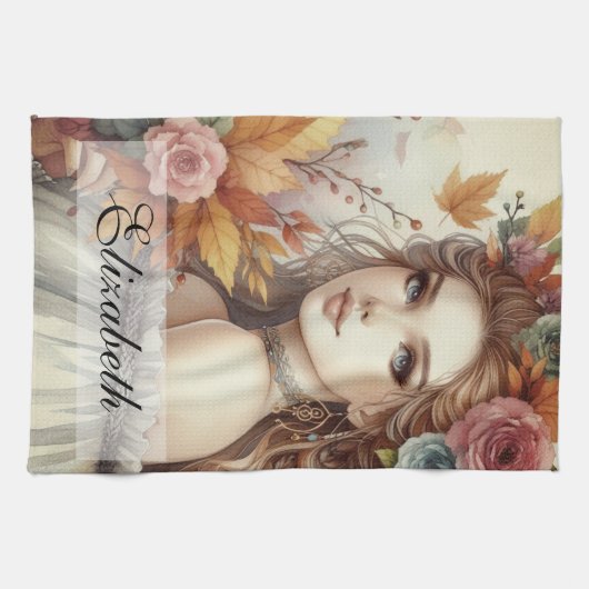 Vintage Herbstprinzessin mit Herbstblättern Geschirrtuch (Horizontal)