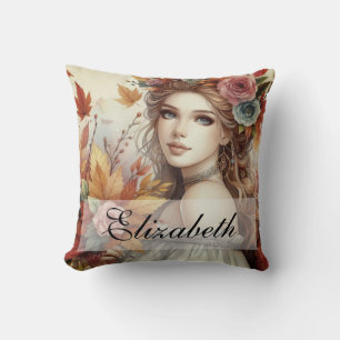 Vintage Herbstprinzessin mit Herbstlaub Kissen