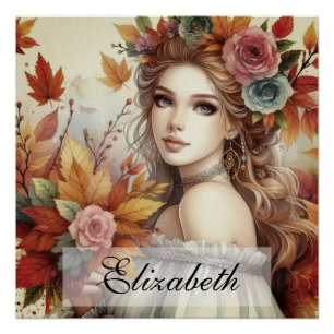 Vintage Herbstprinzessin mit Herbstlaub Poster