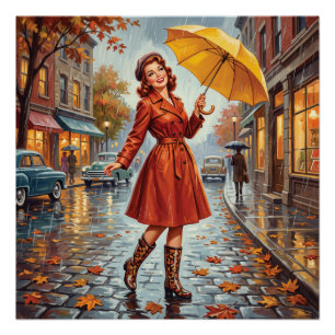 Vintage-Herbstregen-Pin-up-Girl Poster