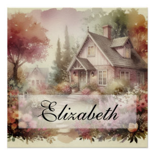 Vintage-Herbstszene Cottage-Garten Blätter floral Poster