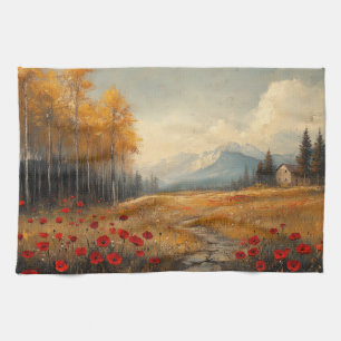 Vintage Herbstwiesen-Malerei Klatschmohn Geschirrtuch