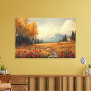 Vintage Herbstwiesen-Malerei Klatschmohn Leinwanddruck