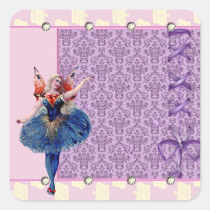 Vintage-Herz-Blumen-Fee-Ballerina blau rosa Quadratischer Aufkleber