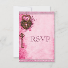 Vintage Herz-Lock & Key Pink Hochzeit RSVP Karte
