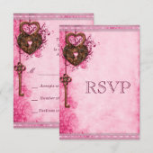 Vintage Herz-Lock & Key Pink Hochzeit RSVP Karte (Vorne/Hinten)
