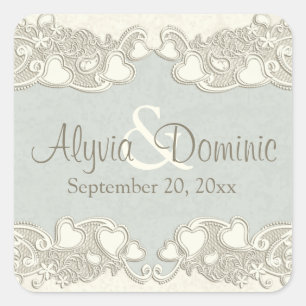 Vintage Herzen Elfenbein und Alter Quadratischer Aufkleber