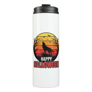 Vintage heulender Wolf Frohes Halloween-Vektordesi Thermosbecher