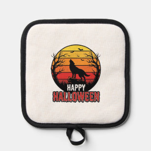 Vintage heulender Wolf Frohes Halloween-Vektordesi Topflappen