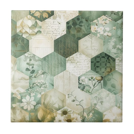 Vintage Hexagon Botanical Patchwork Fliese (Vorderseite)