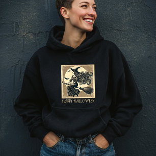 Vintage Hexe auf Besen Vollmond & Fledermäuse Hall Hoodie