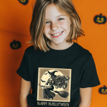 Vintage Hexe auf Broom Full Moon & Bats Halloween