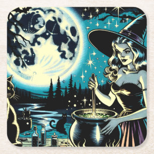 Vintage Hexe, die ein Cauldron-Halloween-Party umr Rechteckiger Pappuntersetzer