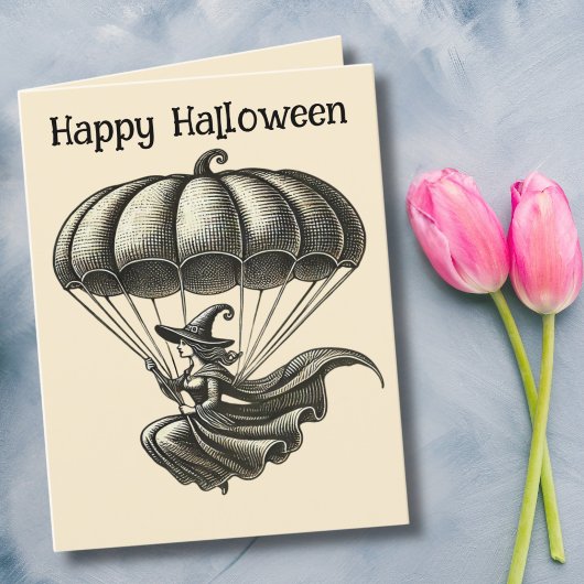 Vintage Hexe-Flying Pumpkin-Fallschirm Halloween Feiertagskarte