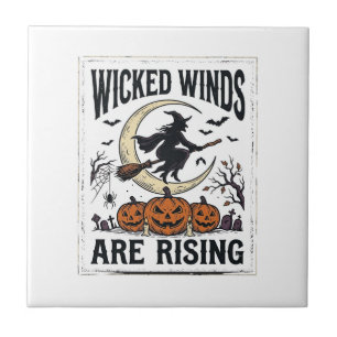 Vintage Hexe Halloween Besenstiel Kürbis Mond Kuns Fliese