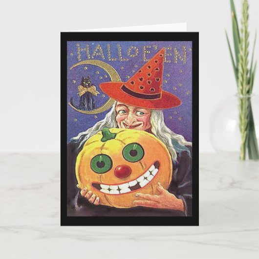 Vintage Hexe Halloween Karte (Vorderseite)