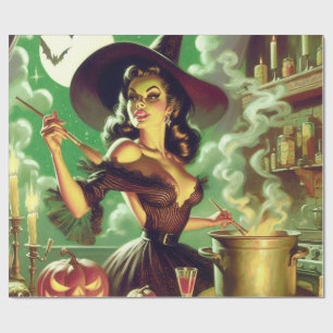 Vintage-Hexe-Halloween-Pin-Up Geschenkpapier