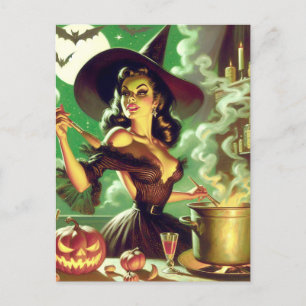 Vintage-Hexe Halloween Pin-Up Postkarte