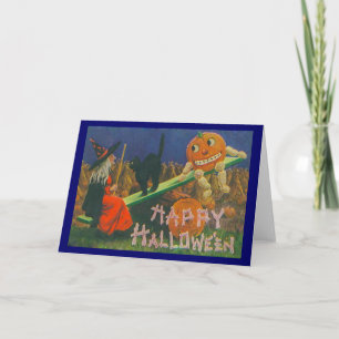 Vintage Hexe & Jack o' Lanterns Play Time Card Karte