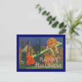Vintage Hexe & Jack o' Lanterns Spielzeit Postkarte (Stehend Vorderseite)