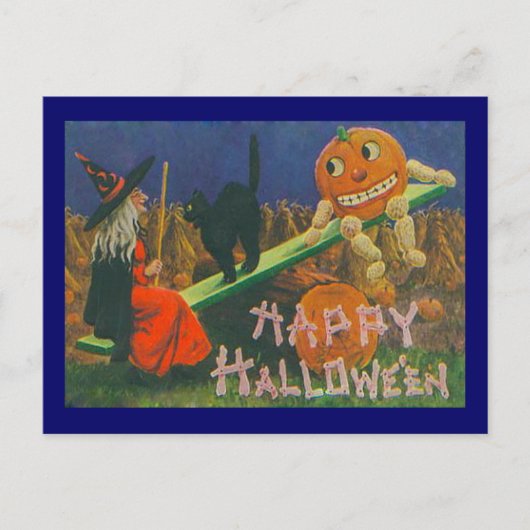 Vintage Hexe & Jack o' Lanterns Spielzeit Postkarte (Vorderseite)