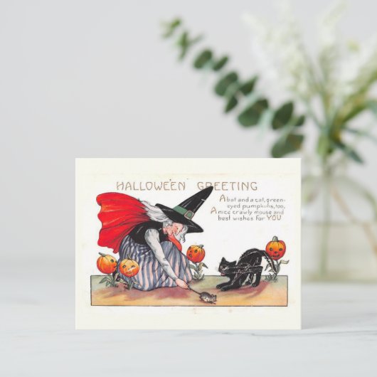 Vintage Hexe mit Beängstigender Katze Postkarte (Stehend Vorderseite)