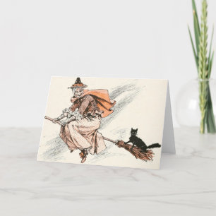 Vintage Hexe mit Besen und Katze Karte