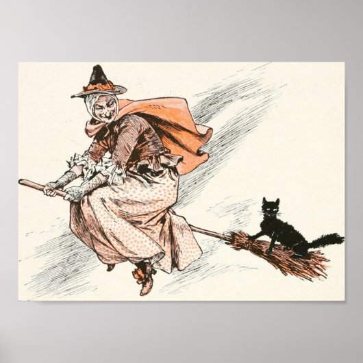 Vintage Hexe mit Broom und Katzenposter Poster (Vorne)