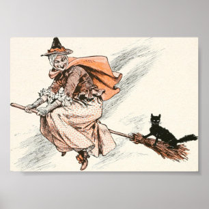 Vintage Hexe mit Broom und Katzenposter Poster