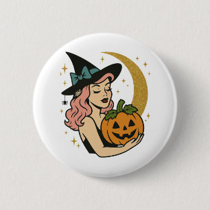 Vintage Hexe mit Kürbis Halloween Button
