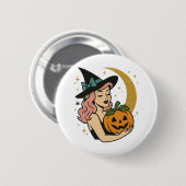 Vintage Hexe mit Kürbis Halloween Button (Vorne & Hinten)