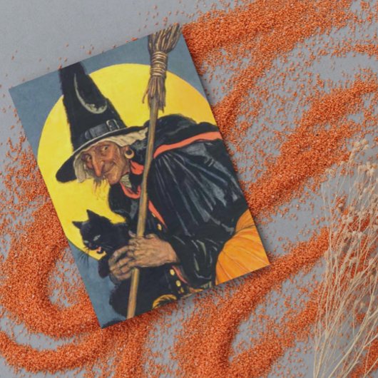 Vintage Hexe mit schwarzer Katze Karte