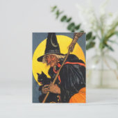 Vintage Hexe mit schwarzer Katze Postkarte (Stehend Vorderseite)