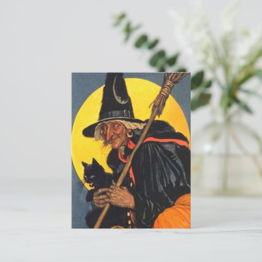 Vintage Hexe mit schwarzer Katze Postkarte (Stehend Vorderseite)