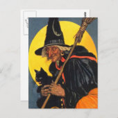 Vintage Hexe mit schwarzer Katze Postkarte (Vorne/Hinten)