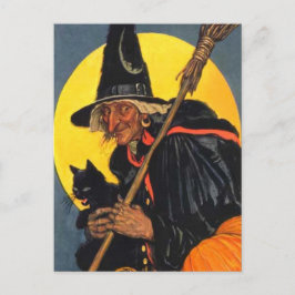 Vintage Hexe mit schwarzer Katze Postkarte