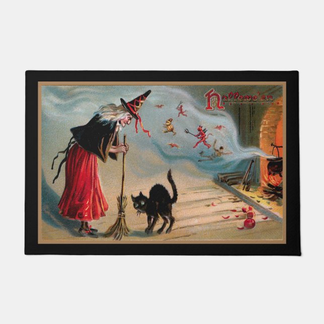 Vintage Hexe mit schwarzer Katze und Teufel Fußmatte (Vorderseite)