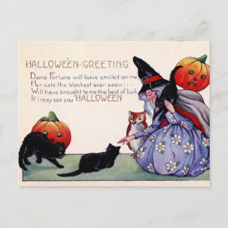 Vintage Hexe schwarze Katze Eule Halloween Postkar Postkarte