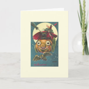 Vintage Hexe, schwarze Katze und Fledermaus Hallow Karte