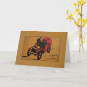 Vintage Hexe und schwarze Katze auf Autokarte Karte (Gelbe Blume)