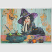 Vintage Hexe und Schwarze Katze Cauldron Decoupage Seidenpapier (Vorderseite)