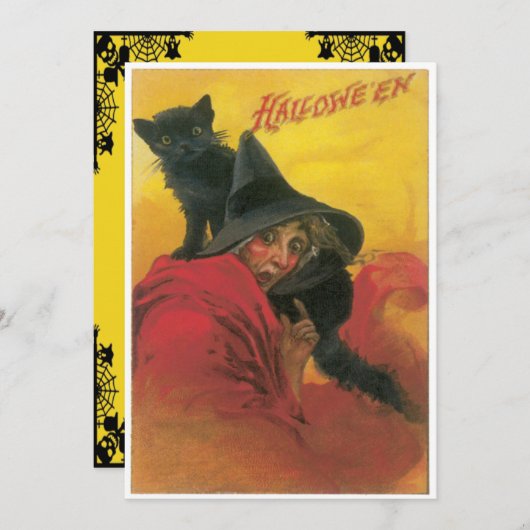 Vintage Hexe und Schwarze Katze Halloween Einladung (Vorne/Hinten)