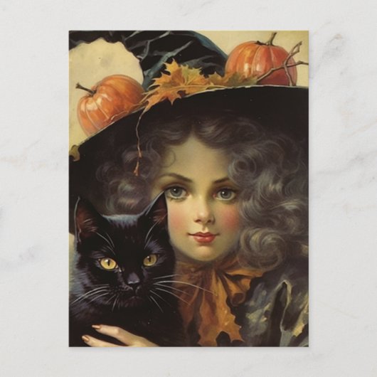 Vintage Hexe und Schwarze Katze Halloween Postkarte (Vorderseite)