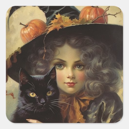 Vintage Hexe und Schwarze Katze Halloween Quadratischer Aufkleber (Vorderseite)